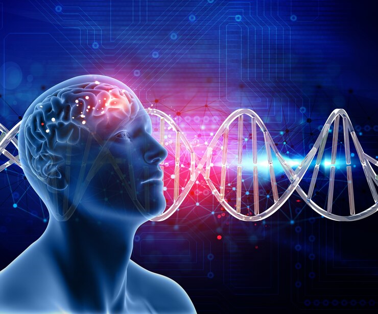 Gehirn mit DNA-Strang Abstrakte Darstellung eines männlichen Kopfes mit Gehirn, Lichteffekten im Gehirn und DNA-Strängen.</p>
<p>©Freepik<br />
www.preepik.com